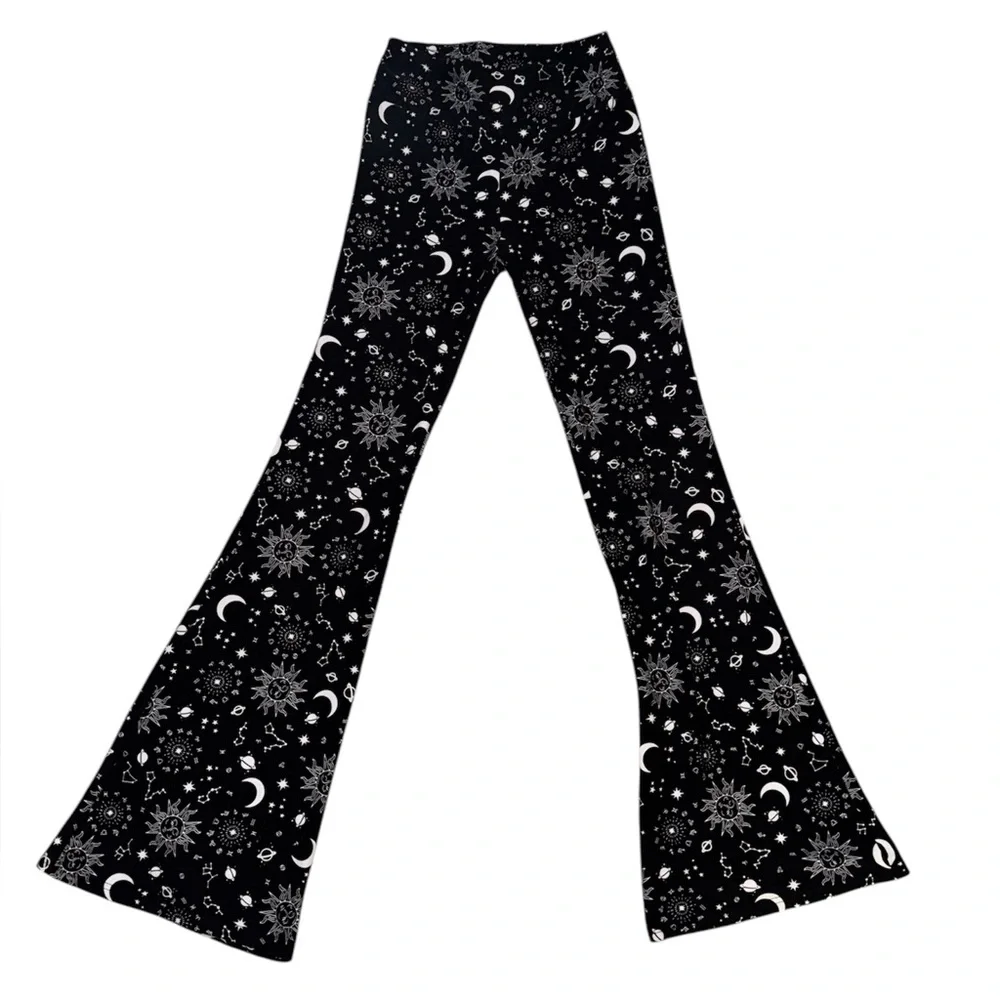 Cosmic Sun, Stars & Moon Flare Pants Stretch- No Boundaries - Picture 1 of 3